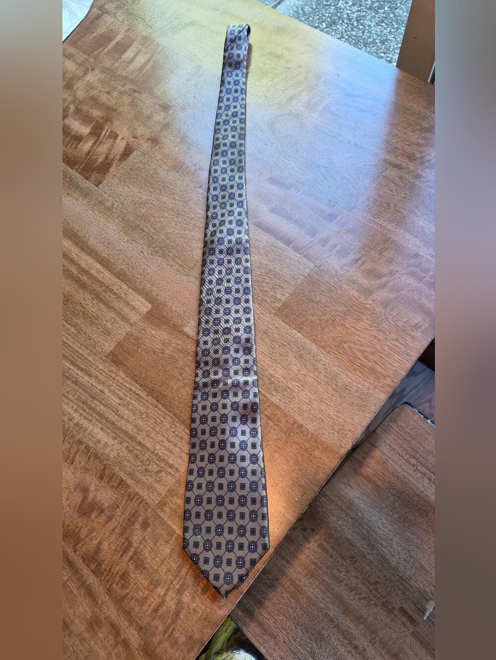 Vintage Oscar de la Renta Silk Tie Geometric Medallion Gray Navy Blue